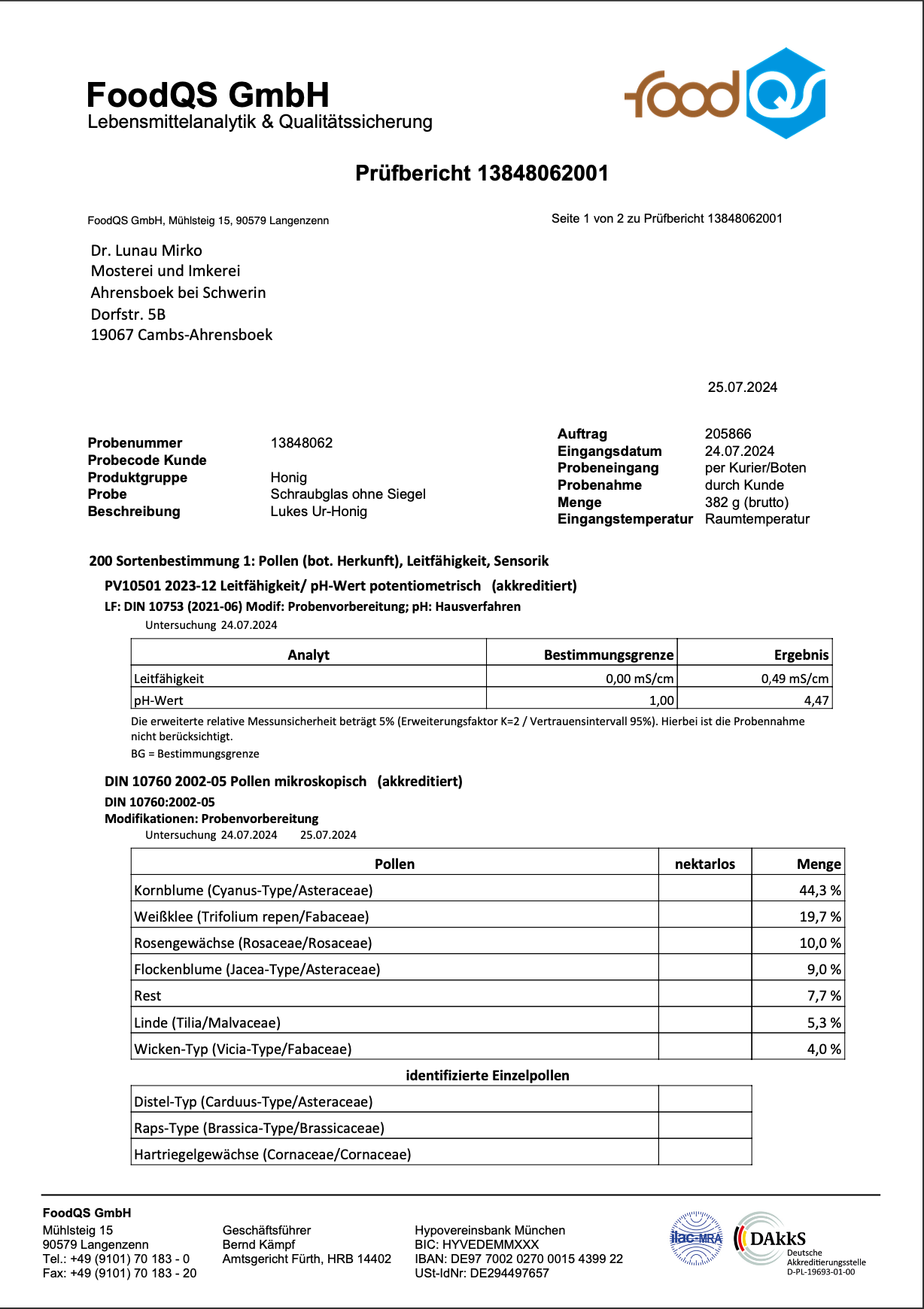Ein Laboranalysezertifikat der FoodQS GmbH für Ur-Honig | Bio Presshonig Rohkost aus dem Luke Jaque Rodney Store, für Dr. Lunau Mücke, berichtet über Probendetails, Blütenpollengehalt, elektrische Leitfähigkeit, Zucker- und Feuchtigkeitsgehalt.