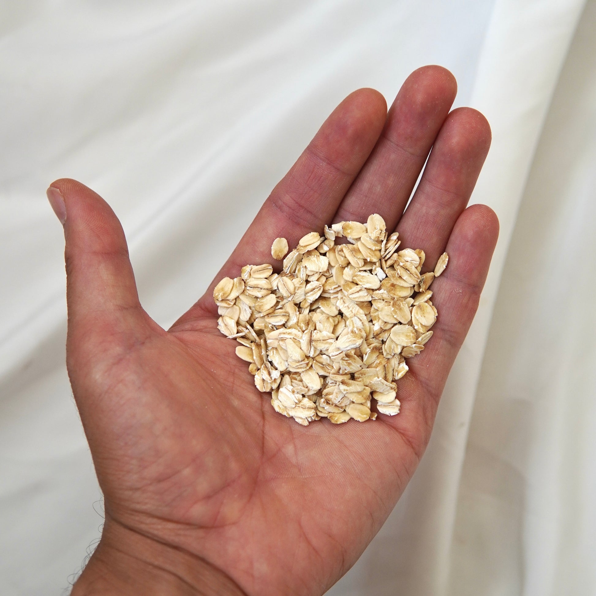 Eine Hand hält eine kleine Portion Gekeimte Haferflocken von Luke Jaque Rodney Store in Bio-Qualität vor weißem Stoffhintergrund.